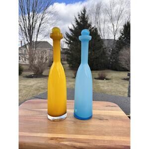 Vintage Empoli Cased Glass Decanter with Stopper 13.5" Made in Italy~Set Of 2